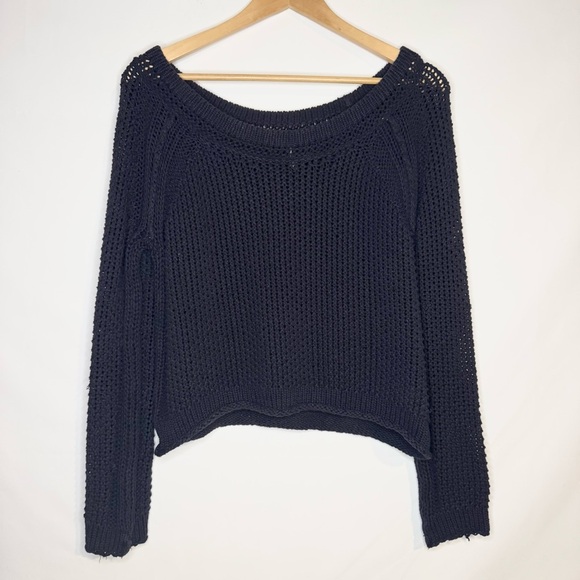 Free People Sweaters - Free People Navy Blue Waffle Open Knit Boat Neck Sweater Size Small
